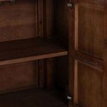 Interior close-up showing wooden shelf and inner side of the cabinet door with hinges