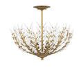 Semi-flush ceiling fixture with gold central rod and densely packed white glass leaves in a spreading arrangement