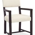Driftwood Upholstered Arm Chair with burnt timber finish, beige fabric seat and back, and dark rustic wood frame