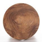 Teak end table viewed from low angle emphasizing the triangular cutout shapes between legs