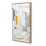 Front view right panel featuring white background, yellow shape, and green shaded areas framed in wood