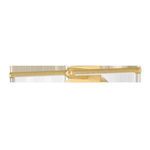 Front view of brass picture light emphasizing LED strip beneath knurled shade