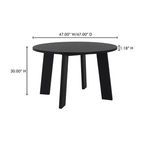 Dimensions graphic overlay on round black outdoor dining table showing width and height measurements