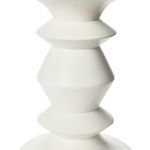 Close-up detail of sable turned white wood end table’s lathe-turned sculptural middle section