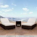 Two Montecito Chaises facing each other on tiled balcony with mountain landscape background