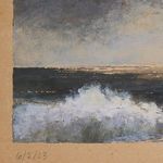 Close-up focusing on white foamy wave details and handwritten date on natural brown paper