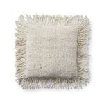 Ivory square pillow with textured wool-cotton weave and long fringe all around edges