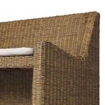 Close-up of armrest corner and rattan weave on Senna Woven Dining Bench