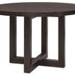 48-inch round dining table in dark burnt timber finish with open pedestal base and cross legs