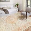 Rosette Ivory / Terracotta rug in bright room with white sofa, gray chair, and potted plant