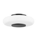 Black Nickel flush mount ceiling light with a circular clear etched glass shade and aged brass metal accents