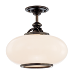 Semi flush ceiling light with oblong opal glass shade and dark metal pipe tubing and cast metal rings