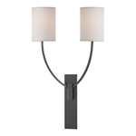 Colton 2 Light Wall Sconce with two upward curved arms and white cylindrical shades on a rectangular dark metal backplate