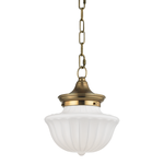 Dutchess small pendant with white ribbed glass shade and antique brass finish top hanging from decorative chain
