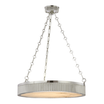 Lynden 5 Light Pendant with a round ribbed metal frame, polished nickel finish, suspended by linked chain cables