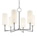 Dillon 6 Light Chandelier with six white cylindrical fabric shades on brushed nickel arms and a central rod with chain