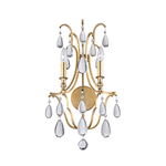 Crawford 2 Light Wall Sconce with gold finish, two candle-style bulbs, and clear teardrop crystals hanging from curved arms