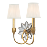 Barton 2 Light Wall Sconce with pleated white silk shades and silvery crystal star backplate on plated nickel arms