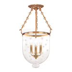 Hampton 3 Light Semi Flush pendant with clear bell-shaped glass featuring etched stars and a brass finish chain suspension