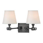 Hillsdale 2 Light Wall Sconce with dark vintage cast swivels and two white contemporary linen shades