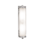 Vertical chrome wall sconce with fluted white glass and crown finials on top and bottom