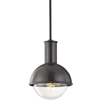 Riley 1 Light Pendant with dark metal dome and clear glass globe suspended from a black cord