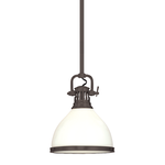 Randolph 1 Light Pendant with glossy opal glass dome shade and dark metal housing with cutout vents and adjustable cloth c...