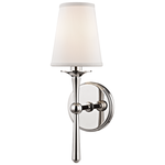 Islip Wall Sconce with polished metal finish, tapered arm, circular backplate, and white fabric shade