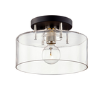 Semi flush mount ceiling light with clear cylindrical glass shade and black metal base