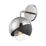 Emma 1 Light Wall Sconce with a polished steel half-sphere shade partially covered by a matte black curved panel, clear ex...