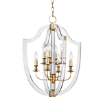 Arietta 8 Light Pendant with eight candle-style lights in a clear curved acrylic frame and brass accents, modern design