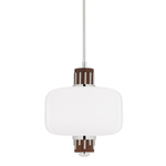 modern pendant light with frosted white rectangular glass shade and light walnut wood accents on top and bottom