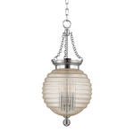 Coolidge 3 Light Pendant with ribbed spherical glass shade and brushed nickel chain suspension