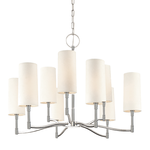 Dillon chandelier with nine cylindrical white fabric shades and curved polished nickel arms