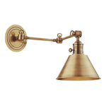 Garden City 1 Light Wall Sconce in hand-rubbed bronze with adjustable arm and conical metal shade