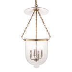 Hampton 4 Light Pendant with etched bell jar glass and brass chain suspension holding four candelabra bulbs