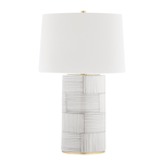 Borneo 1 Light Table Lamp with white tapered shade and black base featuring vertical and horizontal line patterns