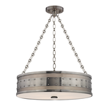 Gaines 4 Light Pendant with studded rivets, perforated metalwork band, and brushed metal finish suspended by three chain l...