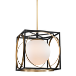 Wadsworth 1 Light Pendant with modern black square frame and intersecting gold rings surrounding a central frosted glass orb