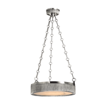 Lynden 4 Light Pendant with alabaster diffuser and decorative disc canopy, suspended by triple metal chains