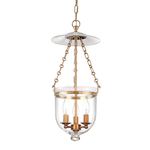 Hampton 3 Light Pendant with clear glass shade, antique brass finish, three candle-style bulbs, and chain suspension