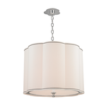 Navy blue pinstriped fabric pendant with soft curved shade, plate glass diffuser, and chrome chain suspension