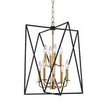 Laszlo 8 Light Pendant with black geometric metal frame and eight gold candle-style lights on a hanging chain