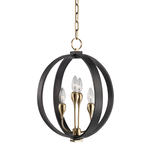 Round chandelier with four candelabra bulbs on aged brass crocus-like arms inside an old bronze circular frame suspended b...