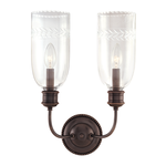 Lafayette 2 Light Wall Sconce with two clear etched glass shades and an oil-rubbed bronze metal frame