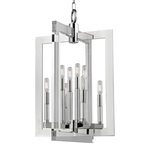 Wellington 8 Light Pendant with rectangular acrylic frames and polished metal candle sleeves