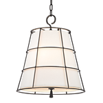 Savona pendant with a white linen conical shade encased in a dark metal cage and suspended by a chain with a question-mark...