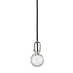 Marlow 1 Light Pendant with clear textured glass globe and sleek metal top hanging from black cord