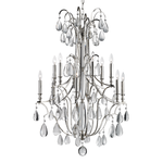 Crawford 12 Light Chandelier with silver frame, twelve candle-style lights, and large teardrop crystal prisms hanging thro...