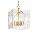Travis 8 Light Pendant with transparent acrylic cube featuring diamond cutouts and gold metal frame and bulbs